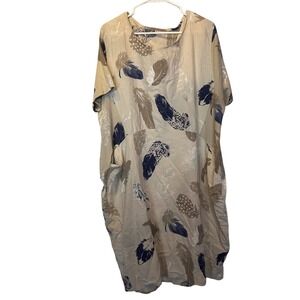 Caterina Ricci 1X Beige Feather Print Italian Linen Casual Dress Made in Italy